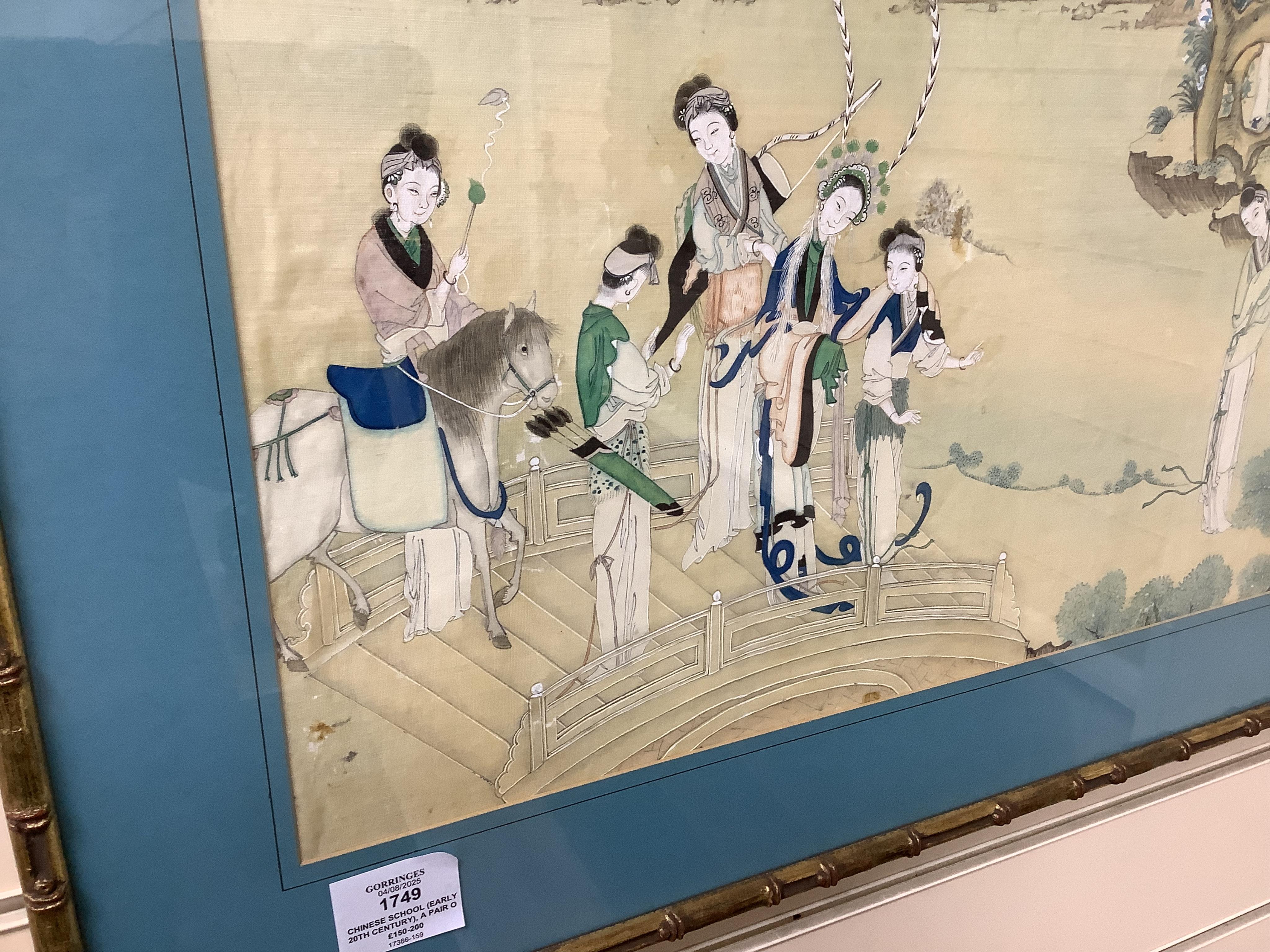 Chinese School (early 20th century), a pair of paintings on silk, Immortals in the heavens including Shou Lao and Xi Wangmu and figures by a lake, 35 x 53cm
